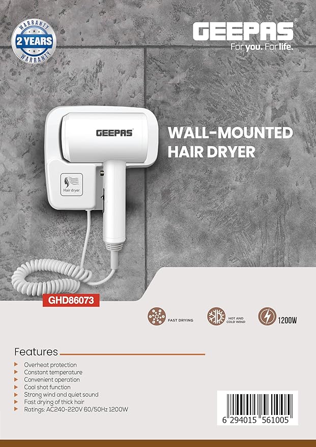 Geepas 1200W Wall Mounted Hair Dryer 86073