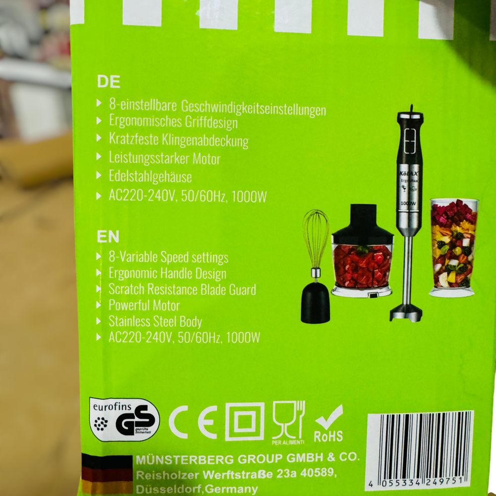 KoLAX Hand Blender Set 901619 – 4 in 1 Multifunctional Hand Blender with Chopper, Whisk & Beaker