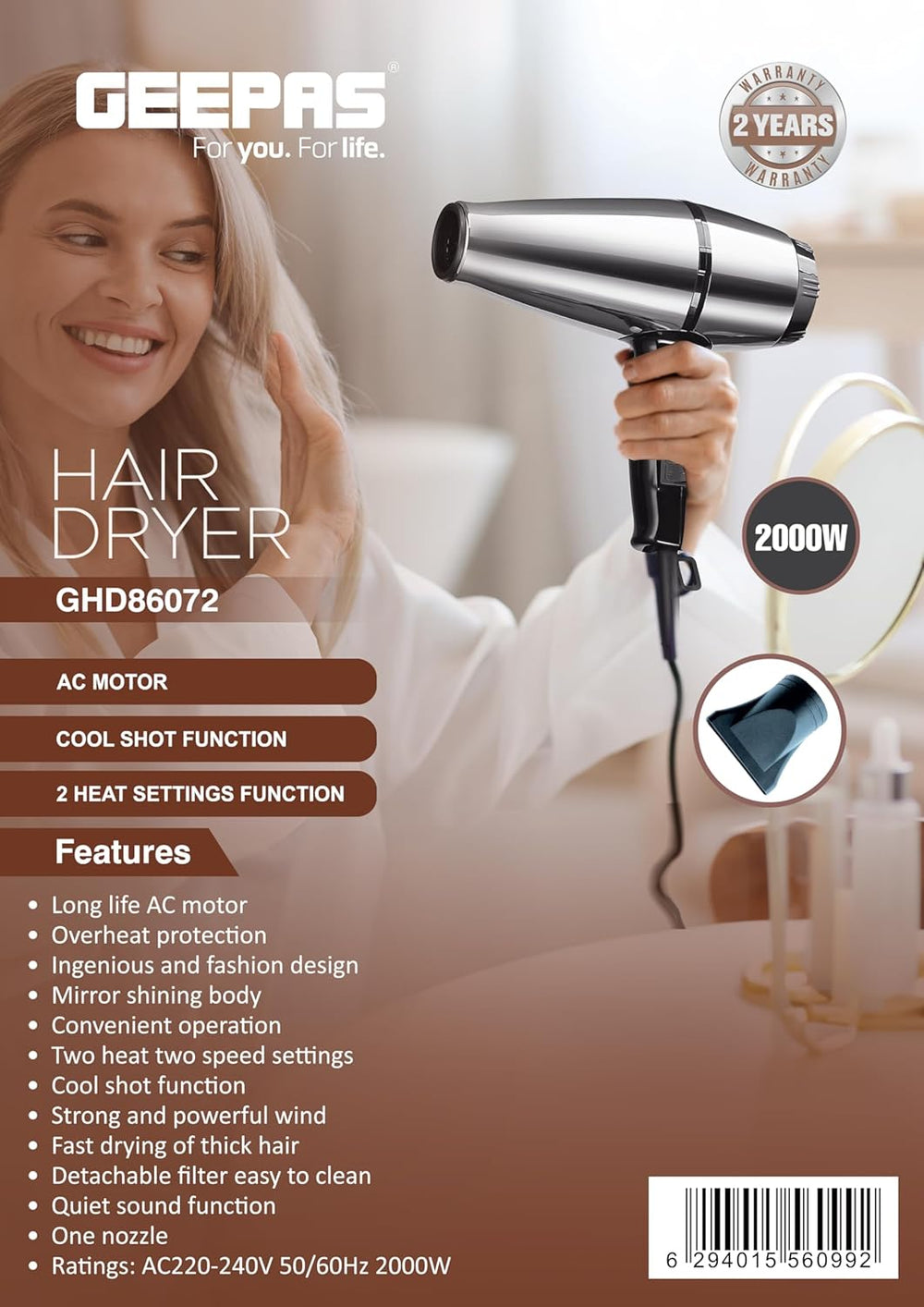 Geepas 2000W for Salon and at Home Hair Dryer 86072
