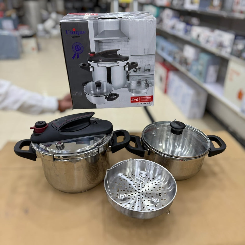 Unique Germany Pressure Cooker Set (4+6) - Stainless Steel with Casserole &amp; Steamer