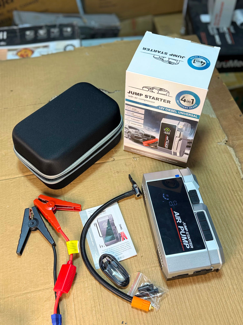 12V Universal Jump Starter & Air Compressor – Digital LCD Auto Shut-Off Inflator 4-in-1 Emergency Jump Starter | Power Bank, Tire Inflator & LED Work Light