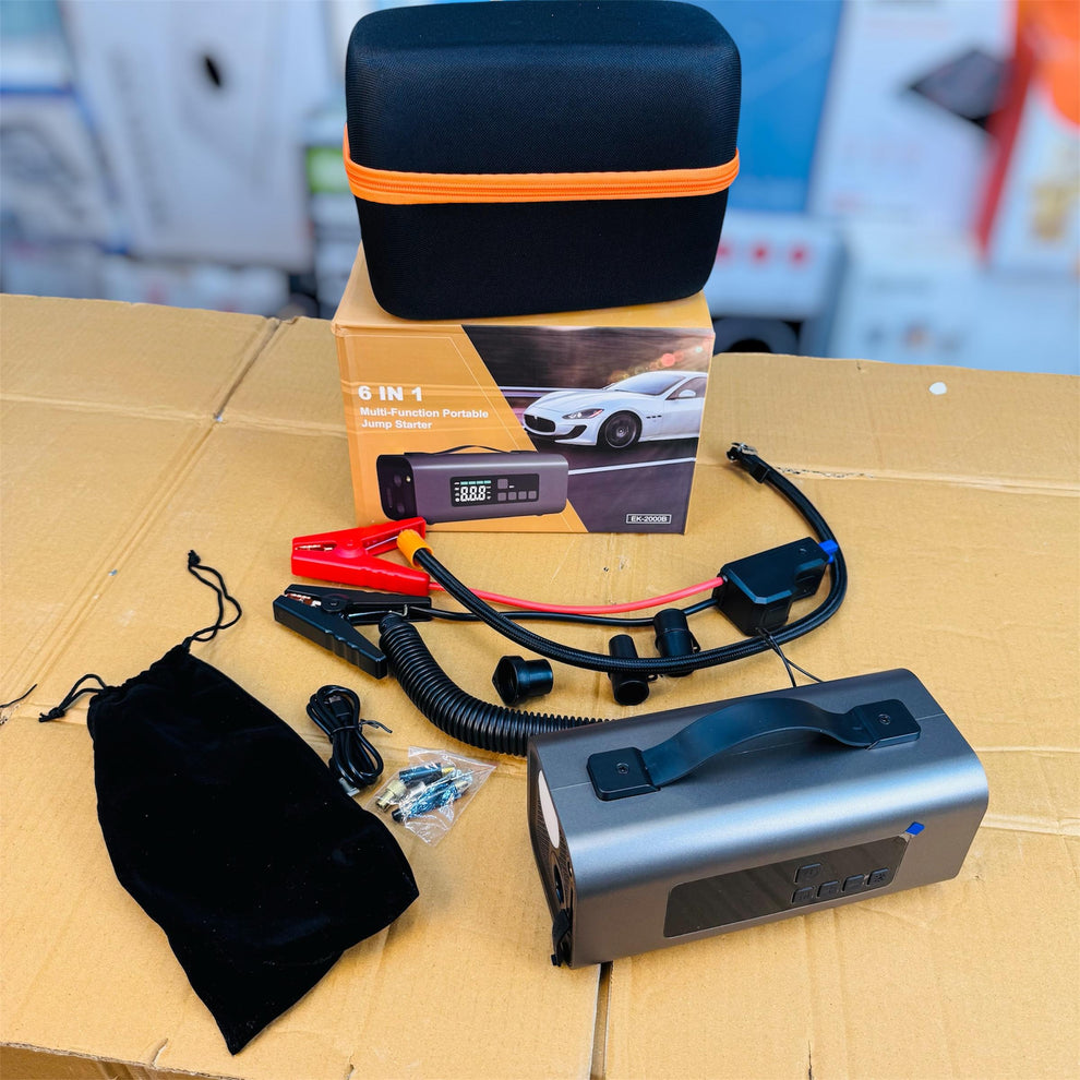 EK-20008 Portable Jump Starter – 6-in-1 Emergency Car Power Bank & Air Compressor 6-in-1 Jump Starter EK-20008 | All-in-One Roadside Emergency Kit