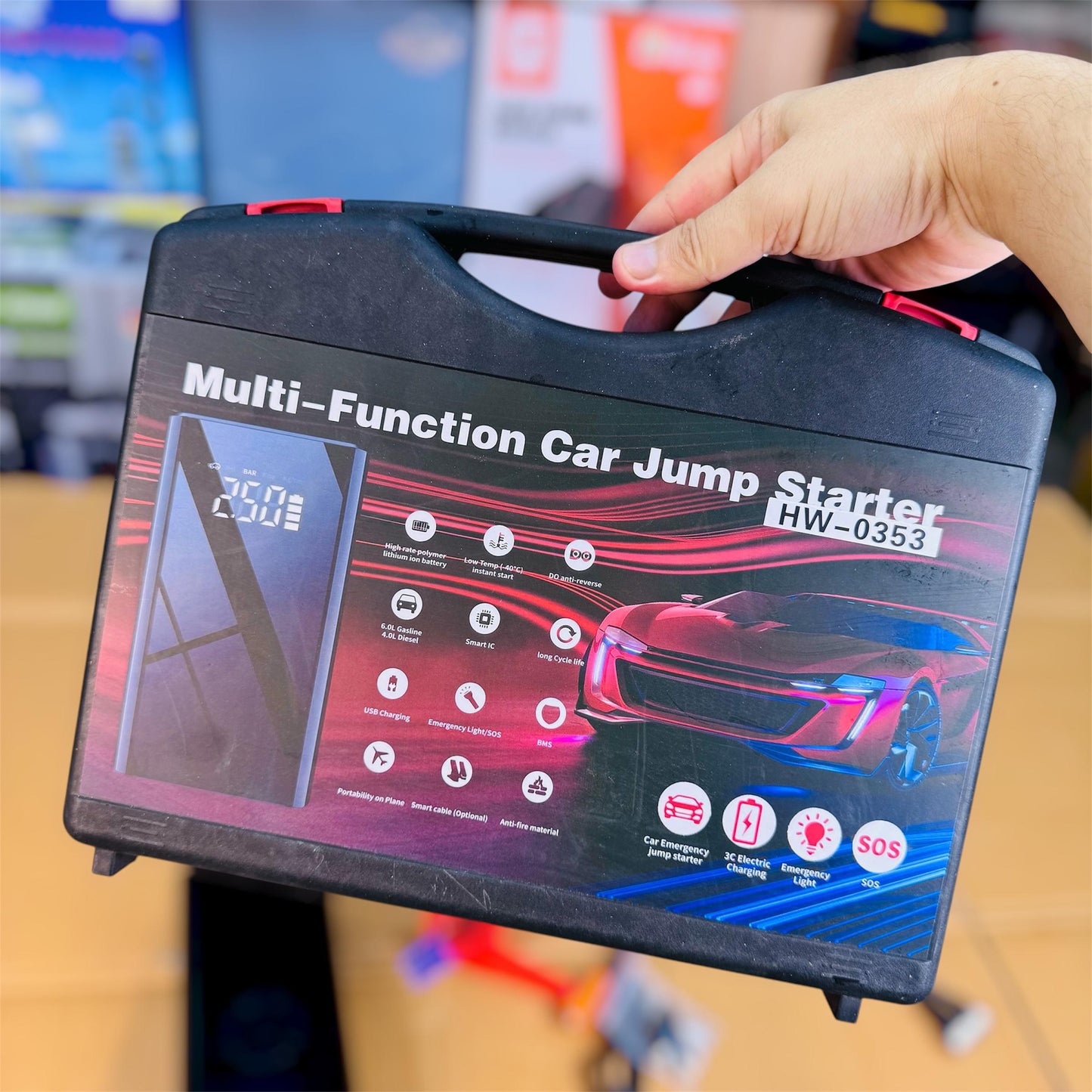 HW-0353 Car Jump Starter – Lithium Polymer Power Bank with Smart Safety Clamps Multifunction Jump Starter HW-0353 | Emergency 12V Battery Booster & Flashlight