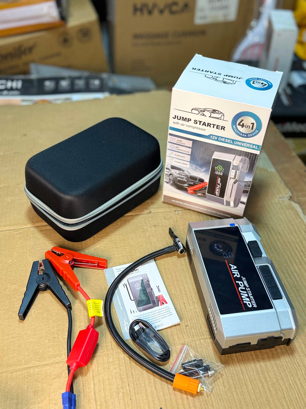 12V Universal Jump Starter & Air Compressor – Digital LCD Auto Shut-Off Inflator 4-in-1 Emergency Jump Starter | Power Bank, Tire Inflator & LED Work Light