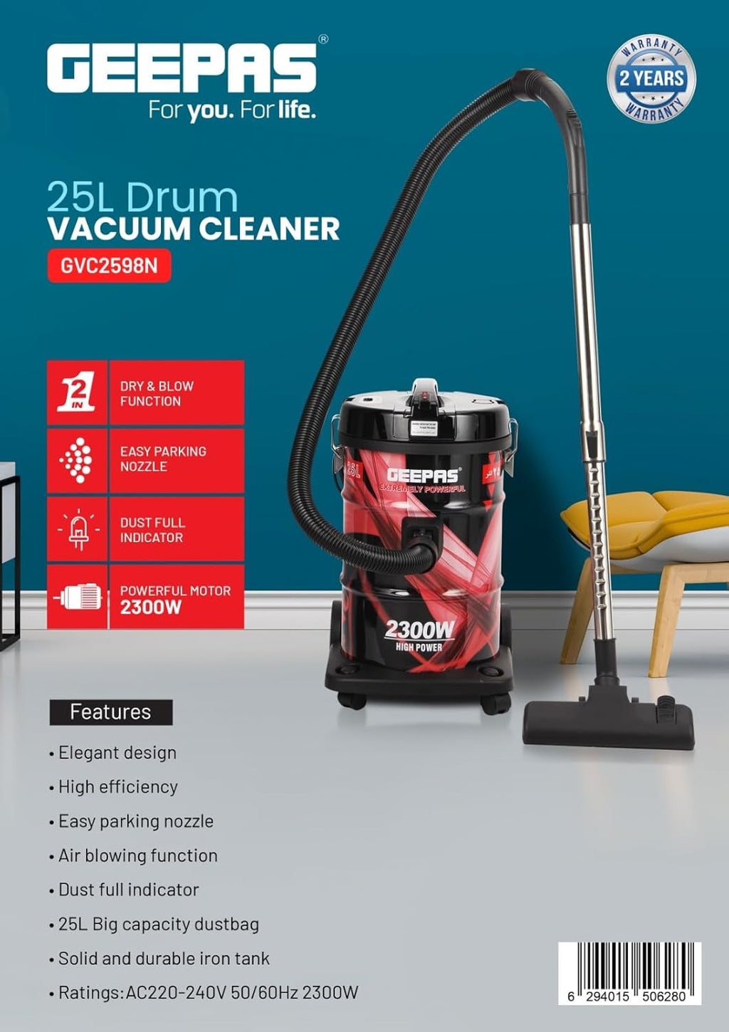 Geepas 2 in 1 Vacuum Cleaner 25L 19064