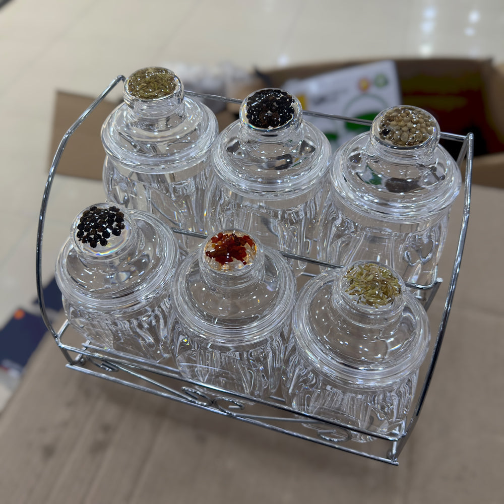 6-Piece Acrylic Kitchen Spice Jar Set with Stainless Steel Stand