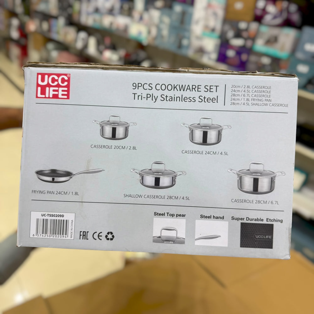 UCC LIFE 9pcs Triply Laser Coated Stainless Steel Cookware Set UC-TSS0209D